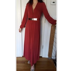 Long Sleeve Maxi Jersey V-Neck Rust Dress Belted M